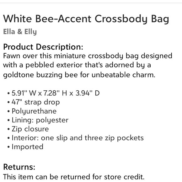 NWT! White Bee-Accent Crossbody Bag by Ella & Elly. Happy Poshing!! 🛍🥳 - Picture 3 of 5